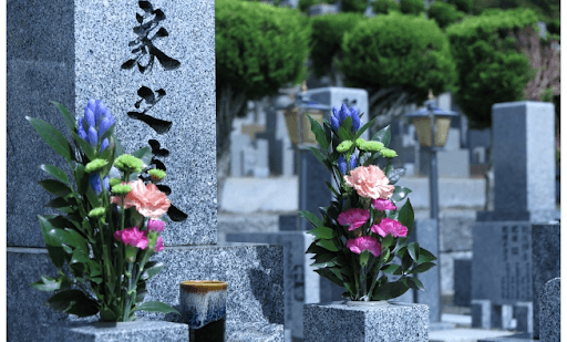 仏花が供えられた墓